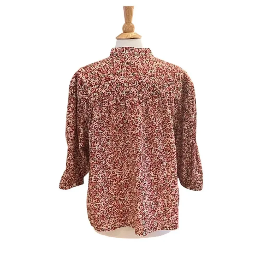 Lee Red Floral Short Sleeve Button Down Shirt, Band Collar, Cottage, Size L
